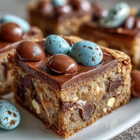 Peanut Butter Easter Egg Cookie Bars with colorful candies and chocolate chips in a 9x9-inch pan.