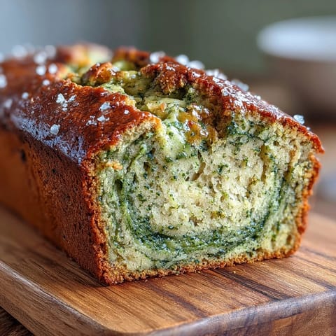 A moist banana bread loaf swirled with vibrant green matcha, creating a beautiful marbled effect.  