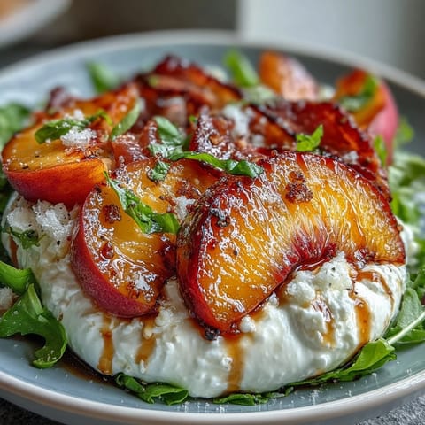 Vibrant summer salad with ripe peaches, torn burrata, and prosciutto slices over mixed greens, finished with olive oil and balsamic.  