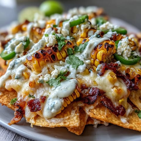 Cinco de Mayo elote nachos with chipotle crema, loaded with charred corn, melted cheese, and fresh cilantro.  