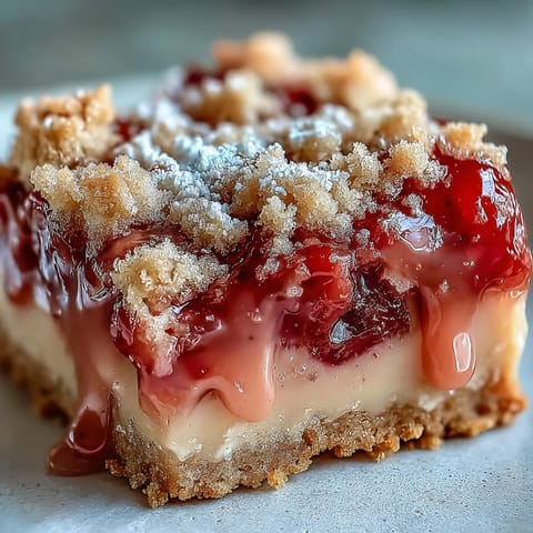 Golden rhubarb custard bars with buttery shortbread crust and creamy vanilla filling, dusted with powdered sugar.  