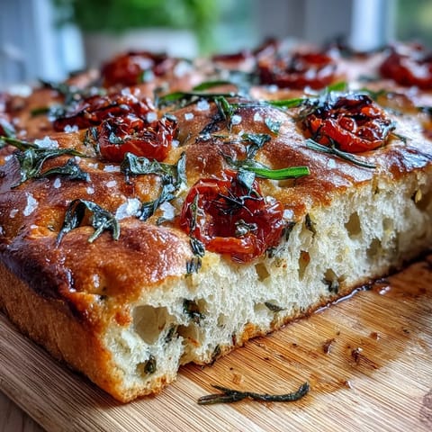 Spring Herb Focaccia topped with cherry tomatoes, fresh rosemary, thyme, and chives, golden and aromatic from the oven.  