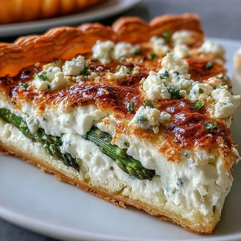 A golden puff pastry tart topped with creamy ricotta, fresh asparagus spears, and a sprinkle of lemon zest.  