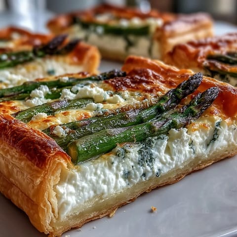 An elegant spring dish featuring a crisp pastry shell layered with herbed ricotta and tender roasted asparagus.  