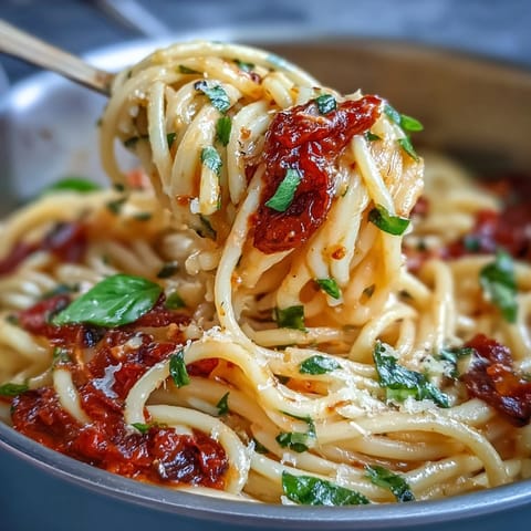 Creamy tomato basil pasta, a delicious one-pot meal topped with fresh basil.