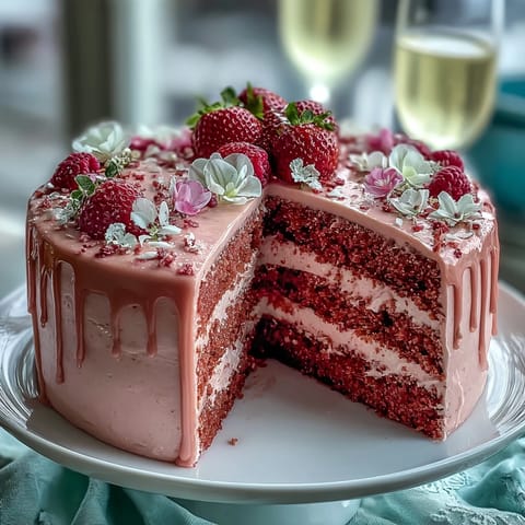 Rich, creamy Bridal Shower Rosé Velvet Cake perfect for celebrations, adorned with gold.