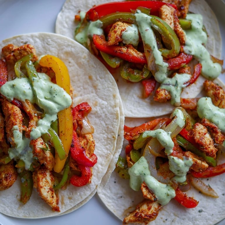 Close-up of juicy Chicken Fajitas recipe, drizzled with creamy lime crema, ideal for soft tortillas.