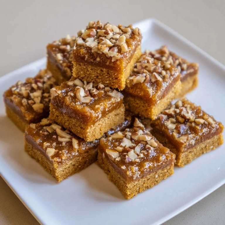 Warm, toasted hazelnuts top the Light Sweet Hazel Treats, a delicious cake square.