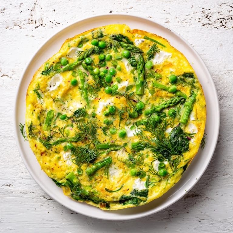Glistening golden frittata with spring vegetables and goat cheese: a light, satisfying Meadow-Soft Cozy Plate meal.