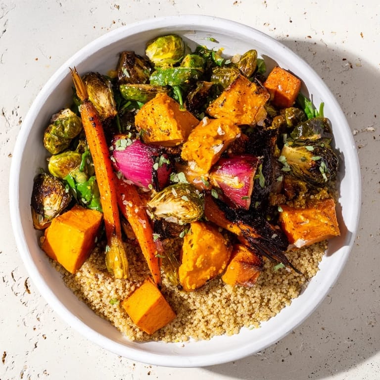 Vibrant and colorful Warm Herb Bowl, filled with tender roasted root vegetables, ready to serve warm.
