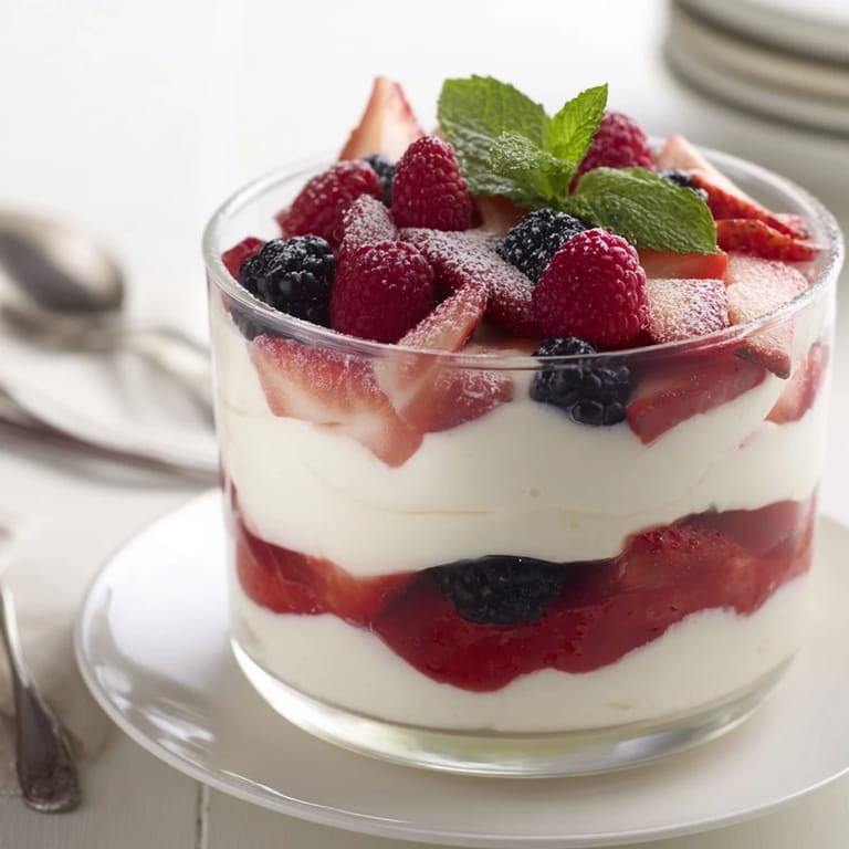 Cool, layered Berry Parfait with Whipped Cream: presenting ripe berries and sweet cream in clear serving glasses.