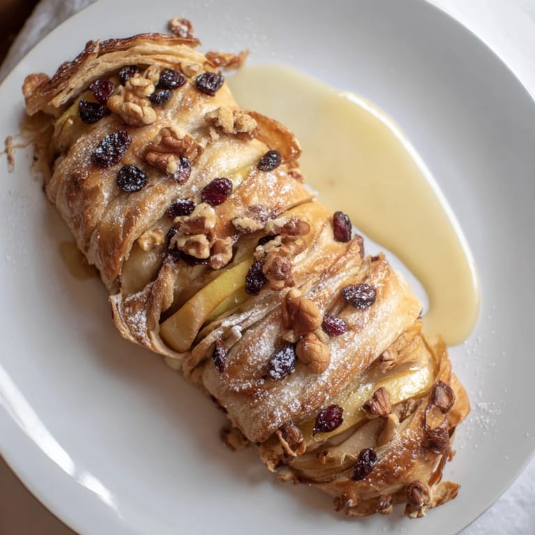 A homemade Apple Strudel, glistening with melted butter, ready to be served hot from the oven.