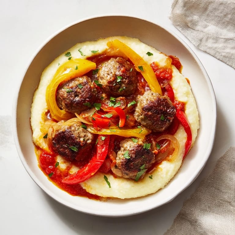 Warm, inviting image of the Herb-Cozy Skillet Sausage and Peppers, the juicy sausage atop the delicious polenta.