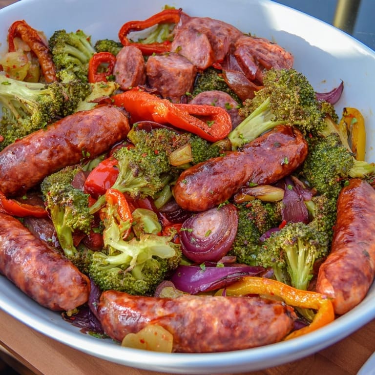 Tender Simple Rustic Sheet-Pan Sausage, surrounded by caramelized vegetables, showcasing a delicious family-style dinner.