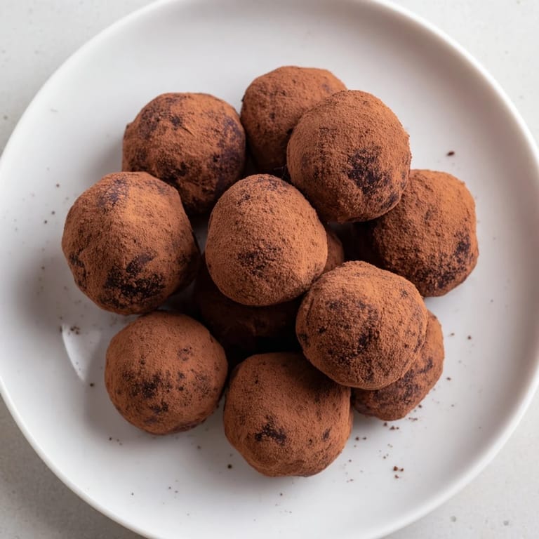Homemade dark chocolate truffles, a rich, dark dessert, cooling on a lined baking tray.