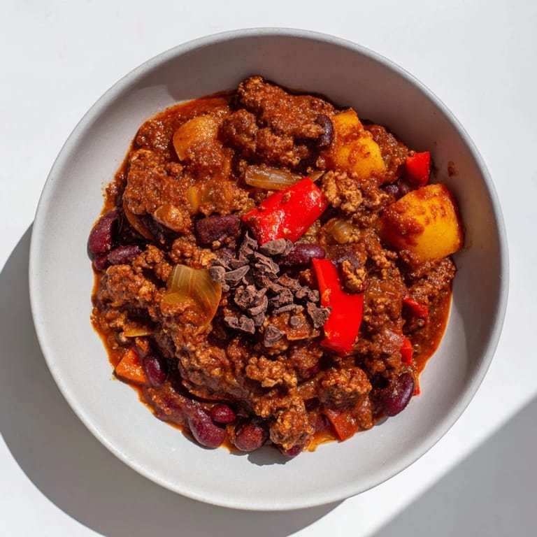 A close-up of One-Pot Cozy Chocolate Chili, garnished with cilantro and sour cream offers a tasty visual.