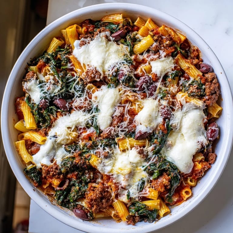 A cheesy, bubbling image of Olive-Warm Baked Ziti featuring tender pasta and rich ricotta cheese.