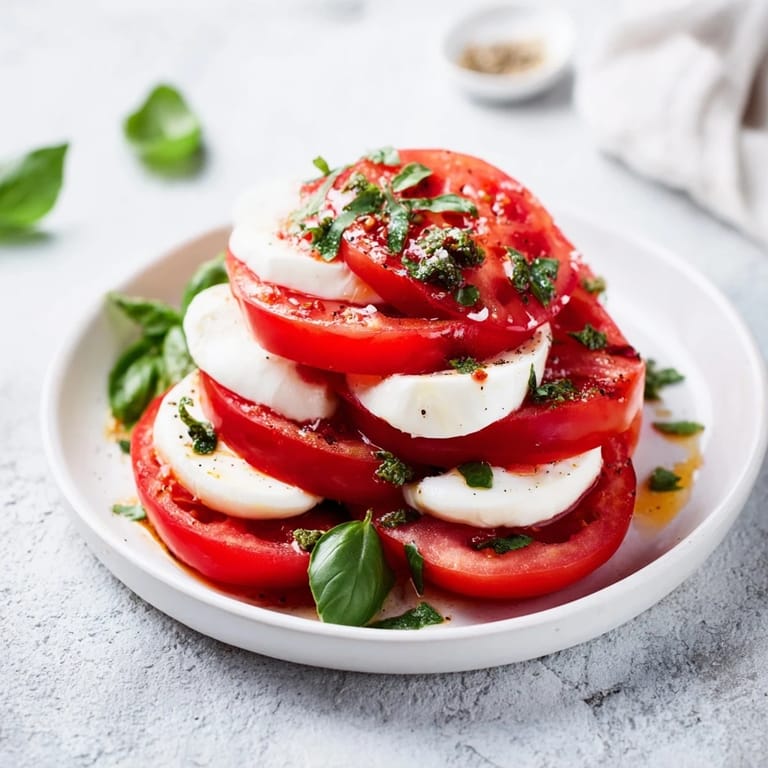 Beautiful Caprese salad, with layers of tomatoes and mozzarella enhanced by fresh basil, waiting to be enjoyed.