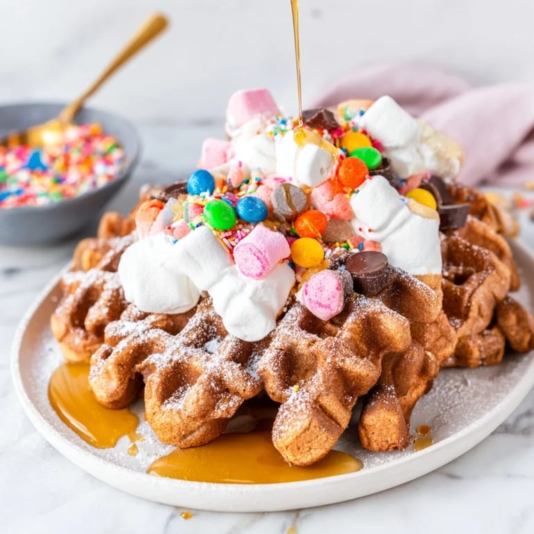 A delightful shot shows someone building a miniature gingerbread house waffle with various toppings.