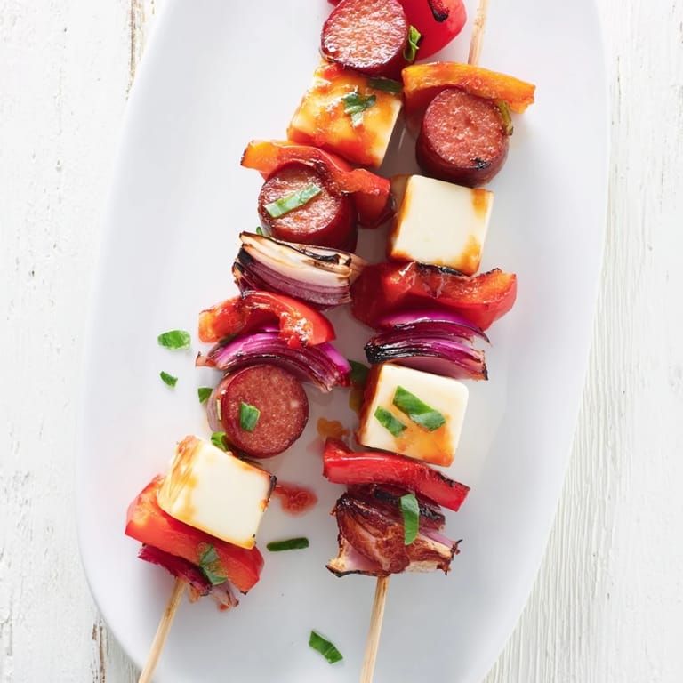 Grilled savory skewers: Chimney stack sausage and cheese with smoky sausage rounds, cheese cubes, and colorful peppers.