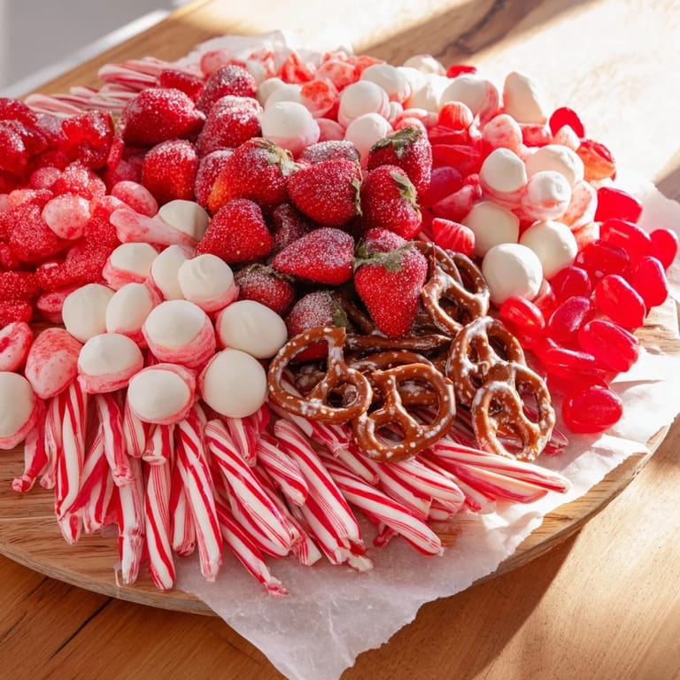Vibrant Sweet Board displays fresh strawberries and an assortment of striped candies, ready to serve guests.