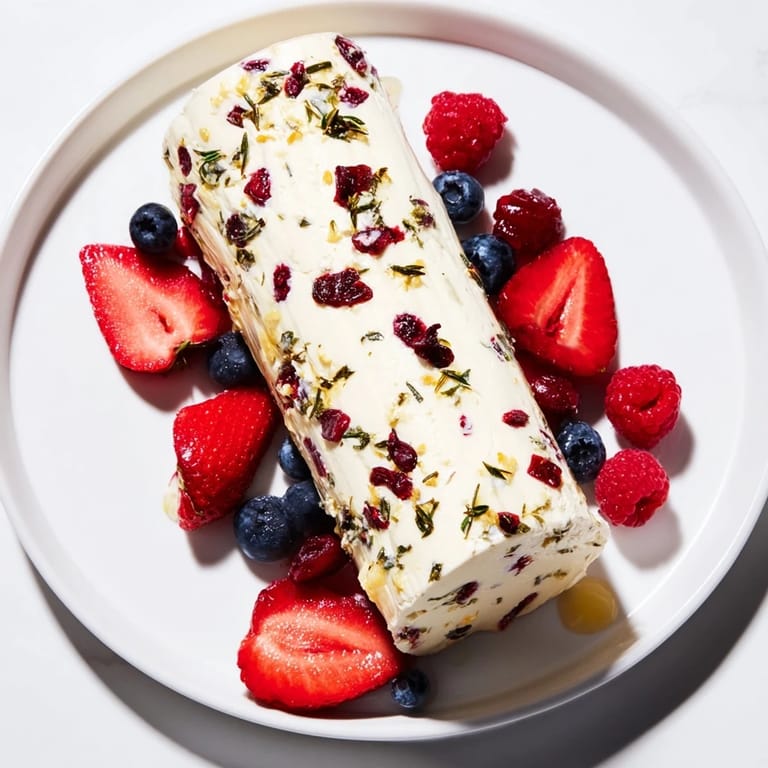 This beautiful cranberry & goat cheese log displays a festive appetizer with a berry side for serving.