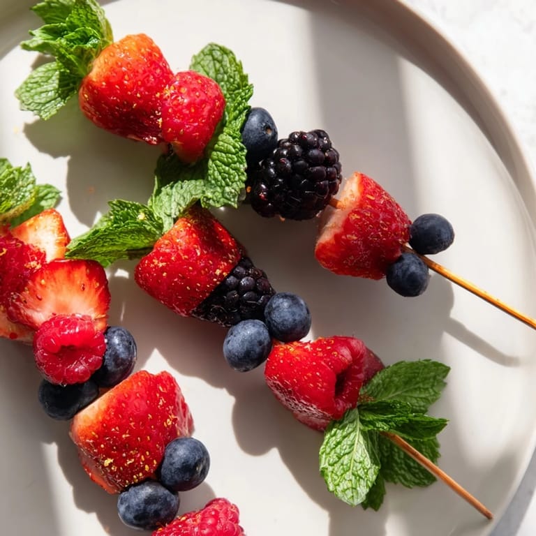 Close-up of refreshing homemade Fruit Skewers, a delicious mix of berries and mint, perfect for summer.