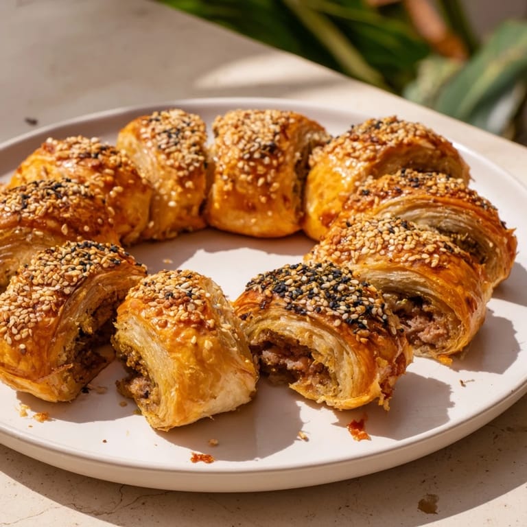 A close-up of a delightful mini sausage roll wreath, showcasing perfectly baked, savory golden goodness.