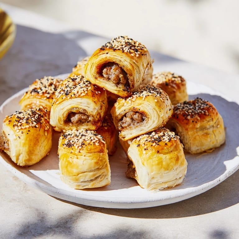 Flaky pastry surrounds herbed sausage in these festive mini sausage roll bites, perfect for appetizers.