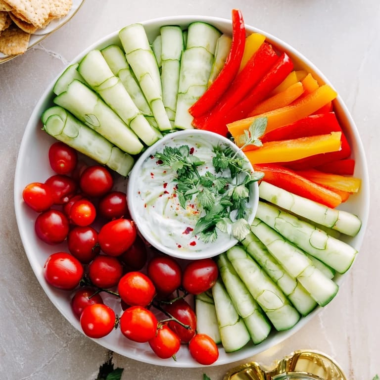 Vibrant Veggie Platter boasts a fan-shaped arrangement of cucumbers, carrots, peppers, and tomatoes, ready to dip.