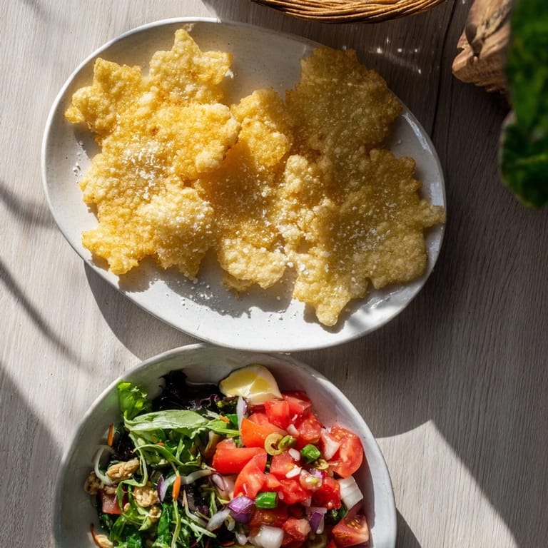 Vividly colorful Winter Salad showcasing the crunchy snowflake tortilla chips with a zesty tomato salsa.