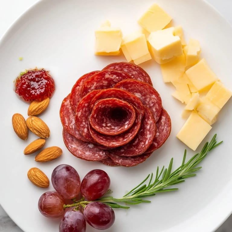 This easy charcuterie board features a lovely salami rose with brie and fresh strawberry halves.