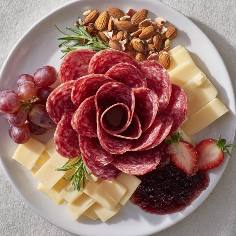 See this easy charcuterie, with a beautiful salami rose, plus cheese, almonds, and fig jam.