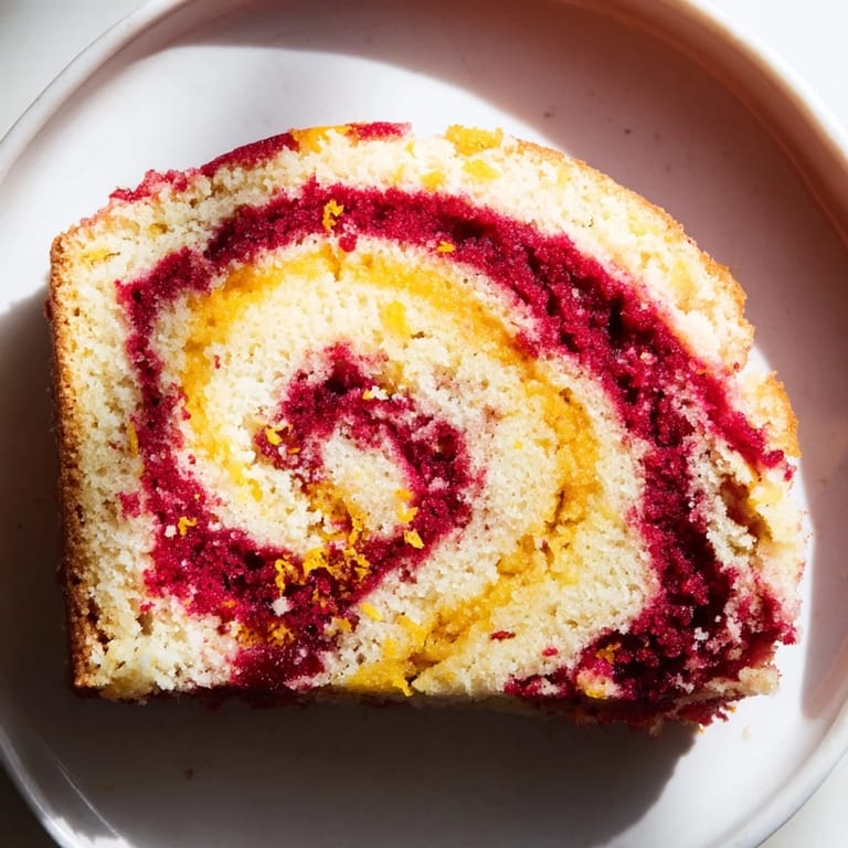 Warm, baked Cranberry Orange Swirl cake, showing a beautiful cranberry and citrus swirl pattern.