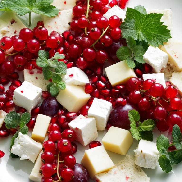 A delicious close-up showcases the Holly Berry Cluster, a beautiful appetizer with berries, cheese, and crunchy crackers.