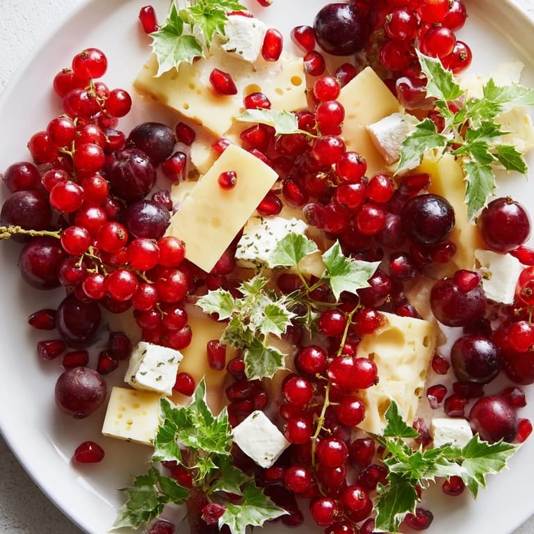 Imagery of this Holly Berry Cluster highlights colorful berries and cheeses arranged amidst fresh green herbs on a platter.