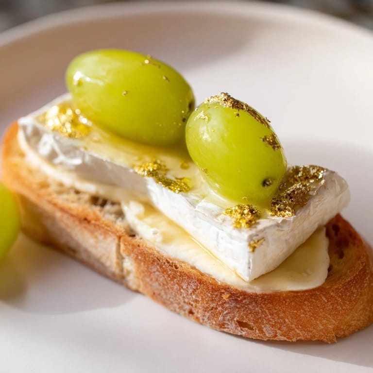 Elegant Sparkling Champagne Toasts: Toasted bread adorned with cheese, grapes, gold, perfect for celebrations.
