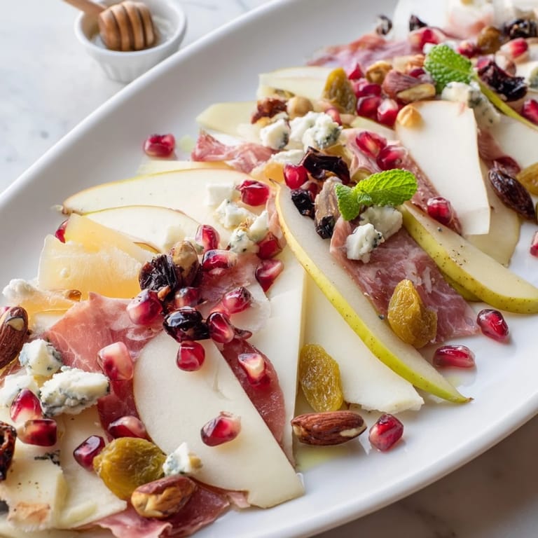 This Pomegranate Jewel Cascade displays a beautiful charcuterie board with sparkling pomegranate seeds and savory treats.