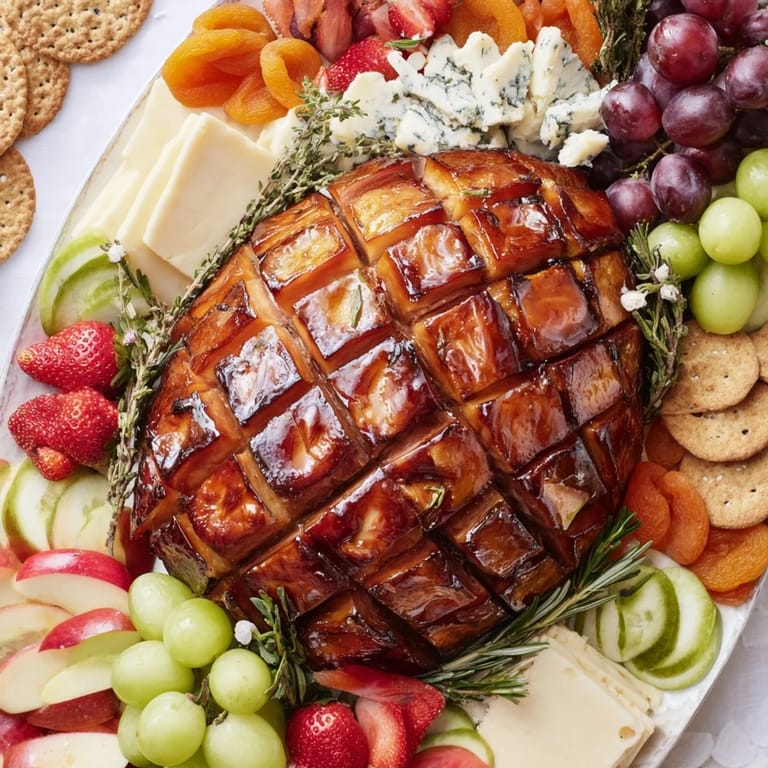 This festive spread shows a glistening glazed ham centerpiece surrounded by colorful, tasty snacks.