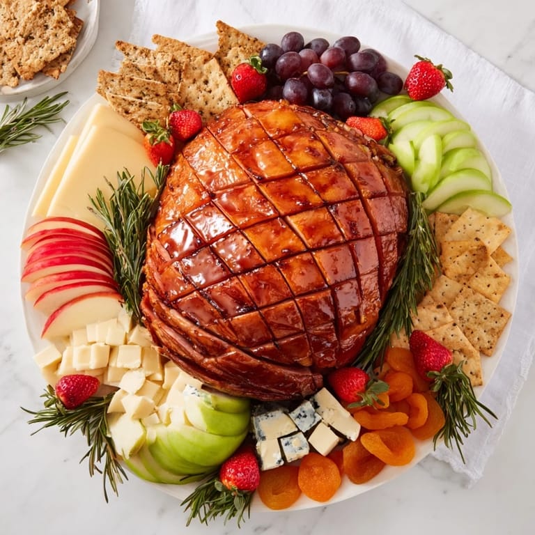 Close-up of a delicious glazed ham centerpiece board, ready for a holiday or brunch celebration.