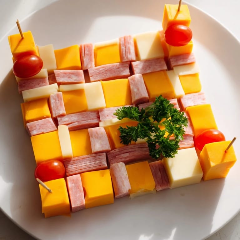 Visually impressive Checkerboard Chalet: a vibrant, layered appetizer featuring cheese, meats, and fresh garnishes.
