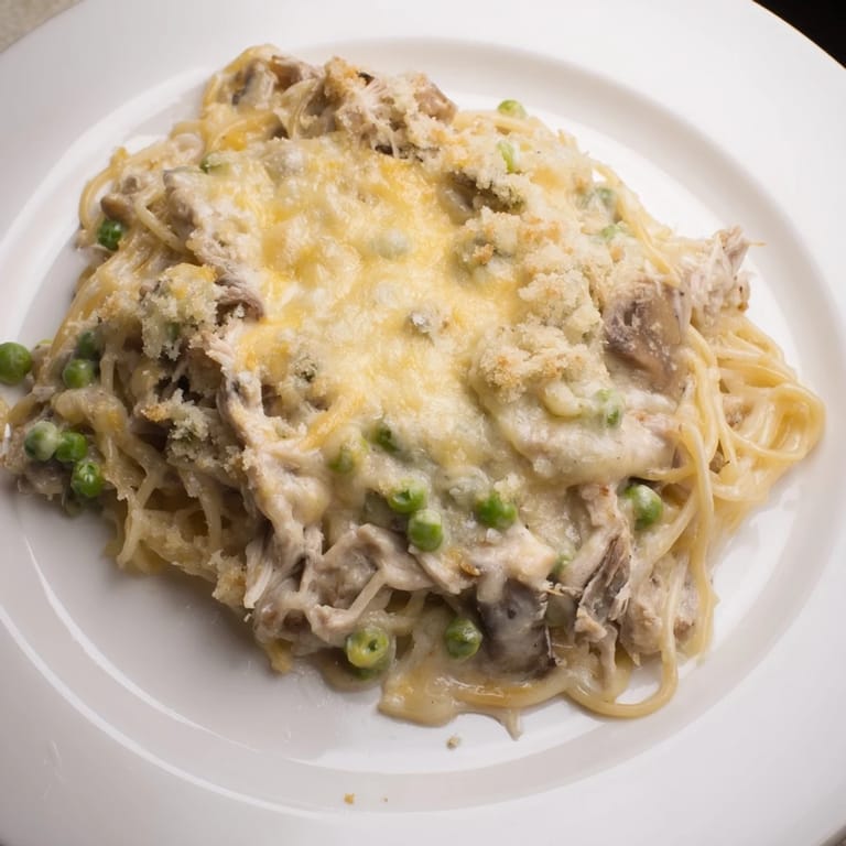 Warm, appetizing baked Turkey Tetrazzini with peas, enjoyed fresh from the oven, offering a savory flavor.