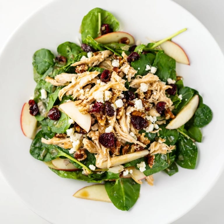 Freshly assembled Chicken and Apple Winter Salad features vibrant apples, chicken, and a drizzle of tangy dressing.