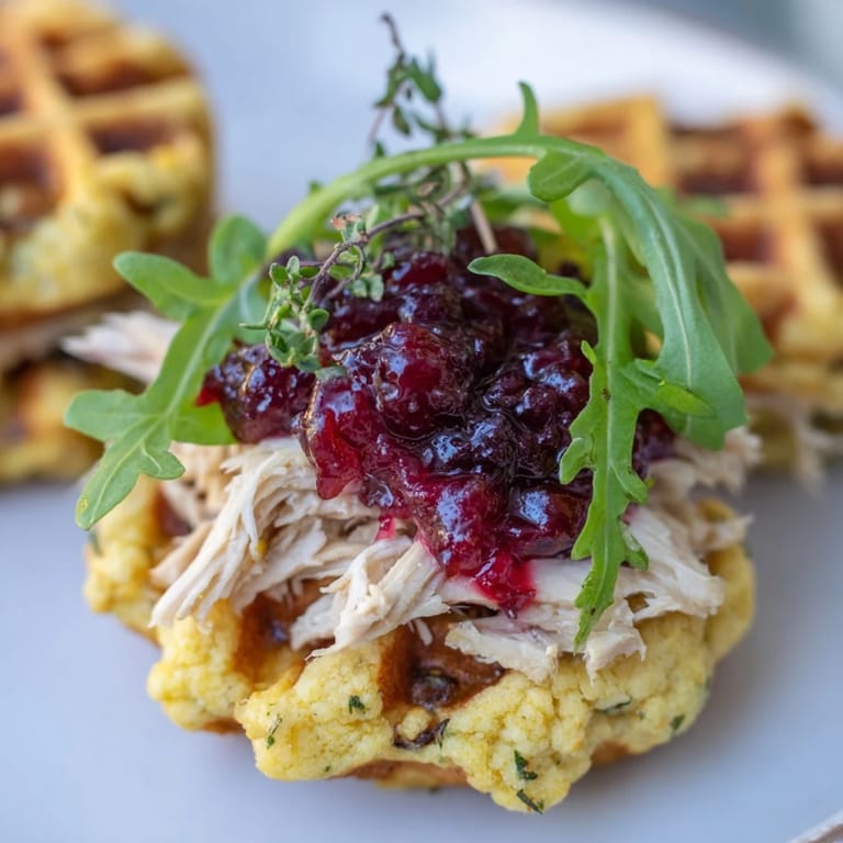 A close-up of savory stuffing waffle chicken sliders, showcasing layered textures and flavors.