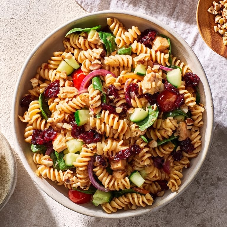 Tangy Pasta Salad with Cranberry Vinaigrette: a refreshing mix of flavors and textures in every bite.