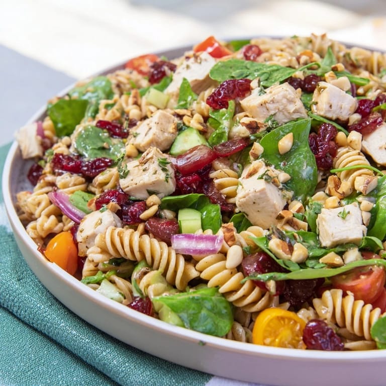 Delicious bowl of Pasta Salad with Cranberry Vinaigrette: imagine the sweet-tart cranberry dressing!