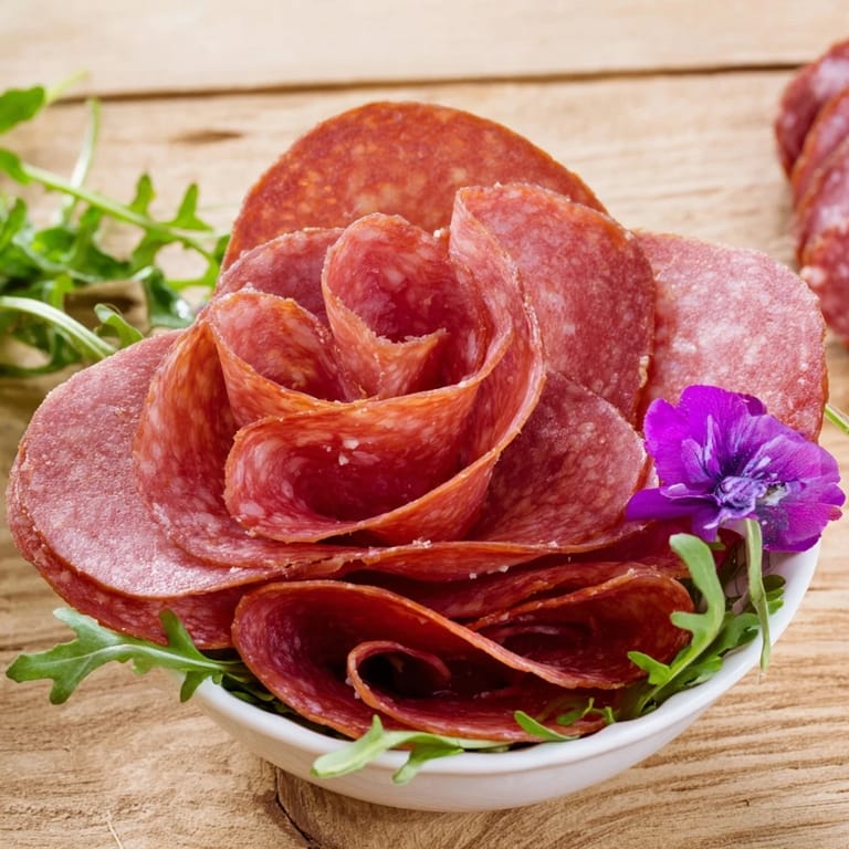 The Victorian Tea Rose, a charming appetizer with salami and pepperoni roses nestled in small teacups, delicious.