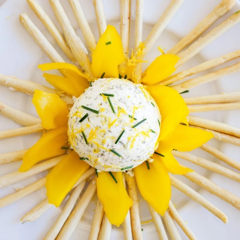 Elegant serving of Tuscan Sunburst: Enjoy this flavorful appetizer with breadsticks capturing the cheese and peppers.