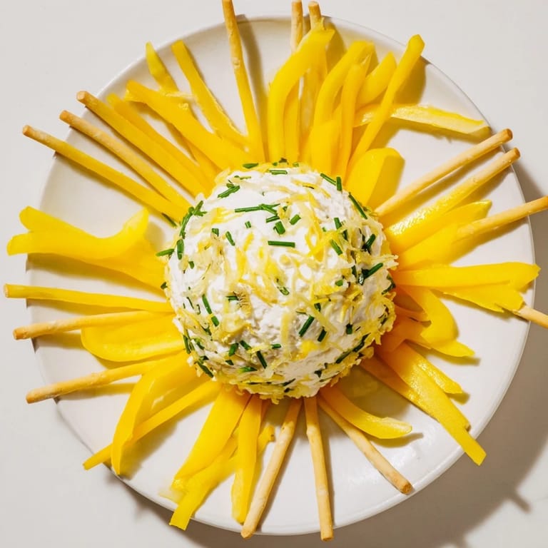 Freshly made Tuscan Sunburst: zesty lemon goat cheese bursts from a yellow pepper sun, perfect summer starter.