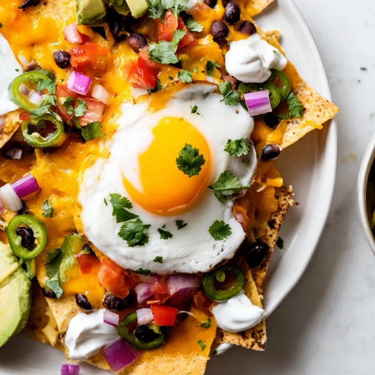 Golden, crispy tortilla chips loaded with hearty ingredients create these satisfying Egg-Topped Breakfast Nachos ready to enjoy.